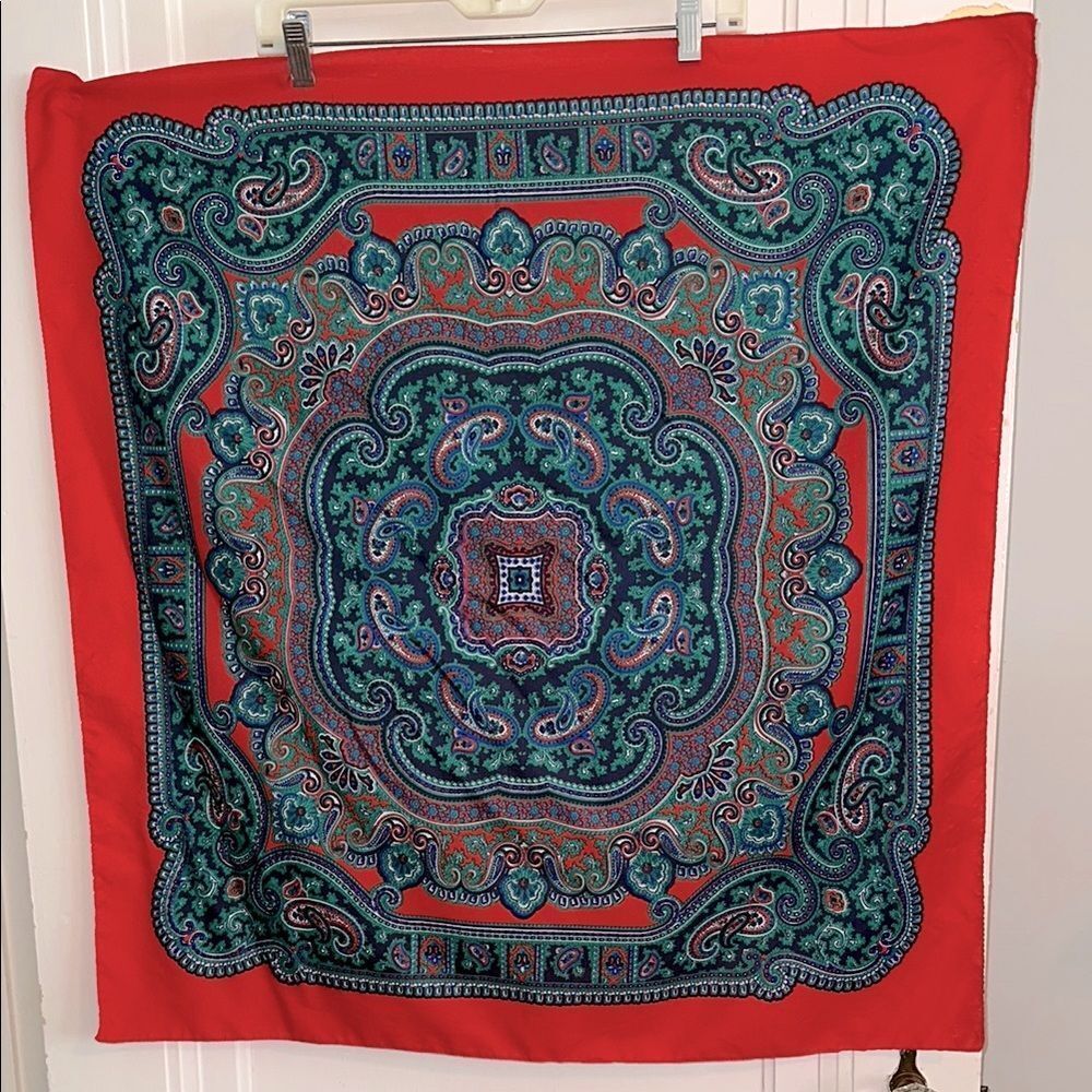 Vintage Red, Blue, White‎ & Green Paisley Print Polyester Large Square Scarf